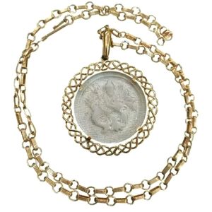 Trifari Gold Tone Lattice Pendant Necklace with White Cameo Disc